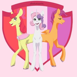 Size: 1080x1080 | Tagged: safe, artist:_shotataarts_, apple bloom, scootaloo, sweetie belle, earth pony, pegasus, pony, unicorn, g4, growing up is hard to do, the last problem, colored hooves, cutie mark, cutie mark crusaders, eyes closed, female, filly, horn, open mouth, raised hoof, smiling, smirk, the cmc's cutie marks, trio, trio female, wings