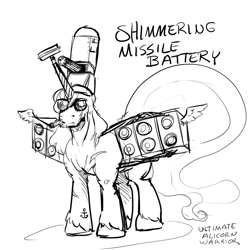 Size: 900x900 | Tagged: safe, artist:aphexangel, oc, oc:shimmering missile battery, alicorn, pony, alicorn oc, buff, cigar, crown, ethereal tail, horn, jewelry, missile launcher, muscles, phalanx, radar, regalia, small wings, sunglasses, tattoo, what has science done, wings