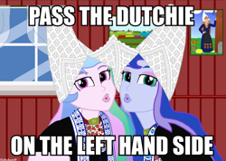 Size: 1200x856 | Tagged: safe, artist:robukun, princess celestia, princess luna, principal celestia, vice principal luna, equestria girls, g4, caption, dutch, image macro, musical youth, pass the dutchie, pun, song reference, text