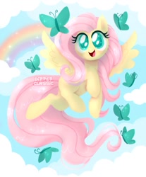 Size: 1113x1345 | Tagged: safe, artist:dipperclassic, fluttershy, butterfly, pegasus, pony, g4, adorable face, art, beautiful, cloud, cute, fanart, flying, happy, looking at something, missing cutie mark, rainbow, scenery, shyabetes, soft color, solo, sparkles, spread wings, weapons-grade cute, wings