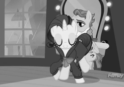 Size: 570x398 | Tagged: safe, edit, edited screencap, screencap, rarity, wind rider, pony, g4, rarity investigates, season 5, animated, black and white, clothes, detective, detective rarity, discovery family logo, eyes closed, female, grayscale, jazz, male, mare, monochrome, music, reversed, sound, stallion, trenchcoat, watching, webm