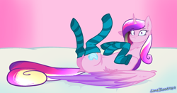 Size: 2302x1202 | Tagged: safe, artist:janeblood969, princess cadance, alicorn, pony, g4, bed, butt, clothes, cute, cutedance, female, lying, lying down, lying on bed, mare, on bed, plot, socks, solo, stockings, striped socks, thigh highs