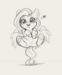 Size: 2260x2744 | Tagged: safe, artist:miokomata, fluttershy, pegasus, pony, g4, baby, baby pony, blushing, butt, cute, daaaaaaaaaaaw, dock, female, freckles, freckleshy, frog (hoof), gray background, grayscale, happy, heart, high res, looking at you, mare, monochrome, open mouth, plot, shyabetes, simple background, sketch, smiling, solo, spread wings, sweet dreams fuel, underhoof, weapons-grade cute, wings