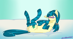 Size: 2306x1241 | Tagged: safe, artist:janeblood969, juniper montage, earth pony, pony, g4, butt, clothes, ear fluff, eye clipping through hair, eyebrows, eyebrows visible through hair, female, glasses, legs in air, looking at you, lying down, mare, on back, plot, socks, solo, stockings, striped socks, thigh highs