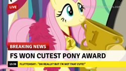 Size: 1280x720 | Tagged: safe, edit, edited screencap, screencap, discord, fluttershy, draconequus, pegasus, pony, best gift ever, g4, break your own news, breaking news, cute, discovery family logo, duo, eyes closed, feather boa, female, male, mare, shyabetes, smiling, trophy