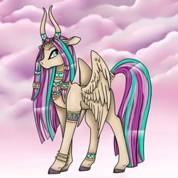 Size: 1080x1080 | Tagged: safe, artist:pony_riart, oc, oc only, original species, pony, bracelet, cloud, colored hooves, horns, jewelry, solo, wings