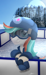 Size: 2100x3393 | Tagged: safe, artist:broken wings, oc, oc only, pony, chest fluff, female, fence, helmet, high res, ice, ice skates, lens flare, looking at you, mare, photo, signature, snow, solo, tree, winter