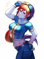 Size: 800x1067 | Tagged: safe, artist:tzc, rainbow dash, equestria girls, g4, belly button, boobs and butt pose, breasts, busty rainbow dash, clothes, midriff, pants, reasonably sized breasts, redraw, short shirt, simple background, solo, white background