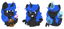 Size: 3629x1653 | Tagged: safe, artist:ninnydraws, oc, oc only, oc:blue visions, changeling, blue changeling, blushing, changeling oc, eye clipping through hair, heart, simple background, solo, transparent background