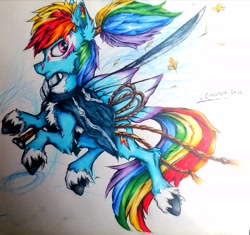 Size: 3183x2986 | Tagged: safe, alternate version, artist:creature.exist, rainbow dash, pegasus, pony, g4, armor, band, belt, blade, clothes, fluffy, high res, katana, leaf, league of legends, scarf, solo, sword, traditional art, weapon, wind, yasuo