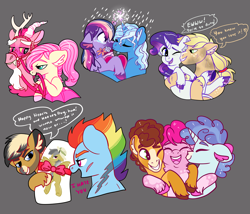Size: 3500x3000 | Tagged: safe, artist:loryska, applejack, cheese sandwich, daring do, discord, fluttershy, party favor, pinkie pie, quibble pants, rainbow dash, rarity, trixie, twilight sparkle, pony, g4, bisexual, blushing, body pillow, bouquet, bridal carry, bridle, bushy brows, carrying, cheek kiss, cheesefavor, cloven hooves, colored hooves, crying, ear fluff, female, floppy ears, flower, gay, gray background, harness, heart eyes, high res, kissing, leonine tail, lesbian, male, mane six, partycheesepie, polyamory, rain, reins, ship:cheesepie, ship:discoshy, ship:partypie, ship:quibbledash, ship:rarijack, ship:twixie, shipping, simple background, straight, tack, thick eyebrows, unshorn fetlocks, wet, wet mane, wingding eyes