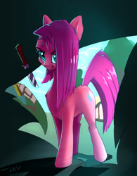 Size: 2344x3000 | Tagged: safe, artist:xbi, pinkie pie, earth pony, pony, g4, breaking the fourth wall, female, grin, high res, knife, looking at you, mare, pinkamena diane pie, smiling, solo, the fourth wall cannot save you, this will end in cupcakes