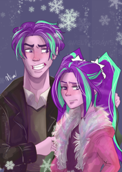 Size: 2893x4092 | Tagged: safe, artist:melyydraws, aria blaze, equestria girls, g4, clothes, equestria guys, female, high res, male, ouverblaze, ouvertis grandioso, rule 63, scarf, self paradox, selfcest, shipping, snow, straight