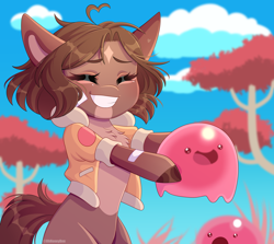 Size: 3000x2676 | Tagged: safe, artist:ohhoneybee, oc, oc only, oc:kloh, earth pony, pony, chibi, clothes, coat markings, eyes closed, facial markings, female, high res, holding, jacket, mare, pale belly, slime, slime rancher, solo, star (coat marking), tree
