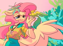 Size: 1831x1343 | Tagged: safe, artist:dodsie, fluttershy, bird, pegasus, anthro, g4, clothes, colored eyelashes, dress, female, floppy ears, flower, flower in hair, hippieshy, jewelry, necklace, shirt, tie dye