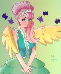 Size: 1280x1543 | Tagged: safe, artist:dailyagony, fluttershy, human, g4, clothes, dress, female, humanized, jewelry, looking at you, modelshy, solo, tiara, winged humanization, wings