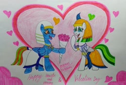 Size: 3455x2340 | Tagged: safe, artist:bsw421, oc, oc:hectra, oc:prince scarab, oc:scarab, pegasus, pony, bouquet, clothes, couple expressions, couples, egyptian, egyptian pony, female, flower, headdress, hearts and hooves day, high res, holiday, husband and wife, makeup, male, oc x oc, rose, shipping, skirt, straight, traditional art, valentine's day