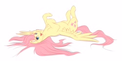 Size: 4000x2000 | Tagged: safe, artist:galinn-arts, fluttershy, pegasus, pony, g4, looking at you, lying down, on back, smiling, solo