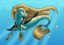 Size: 2912x2059 | Tagged: safe, artist:septimawindsong, oc, oc only, earth pony, pony, seapony (g4), bubble, cape, clothes, crepuscular rays, fins, fish tail, flowing mane, flowing tail, glasses, high res, long mane, male, ocean, seaponified, solo, species swap, sunlight, swimming, tail, underwater, water