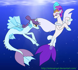 Size: 2001x1799 | Tagged: safe, artist:estevangel, queen novo, oc, seapony (g4), g4, my little pony: the movie, bubble, colored pupils, crepuscular rays, crown, dorsal fin, female, fin wings, fins, fish tail, flowing mane, flowing tail, jewelry, looking at each other, ocean, purple eyes, regalia, smiling, sunlight, swimming, tail, underwater, water, wings, yellow eyes