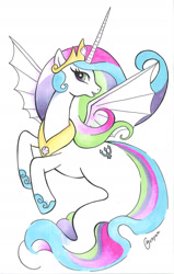 Size: 1275x2008 | Tagged: safe, artist:yunyan-ny, princess celestia, alicorn, hybrid, merpony, pony, seapony (g4), g4, crown, eyelashes, female, fish tail, flowing mane, flowing tail, hoof shoes, horn, jewelry, long horn, necklace, open mouth, regalia, seaponified, seapony celestia, seashell, shell, simple background, smiling, solo, species swap, tail, traditional art, white background, wings