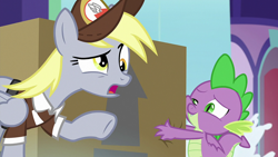 Size: 1920x1080 | Tagged: safe, screencap, derpy hooves, spike, dragon, pegasus, pony, g4, the point of no return, clothes, duo, female, hat, mailmare hat, mailmare uniform, male, mare, open mouth, package, school of friendship, winged spike, wings