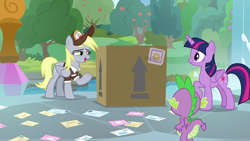 Size: 1920x1080 | Tagged: safe, screencap, derpy hooves, spike, twilight sparkle, alicorn, dragon, pegasus, pony, g4, the point of no return, butt, female, hat, mail, mailmare hat, mailmare uniform, male, mare, open mouth, package, school of friendship, trio, twilight sparkle (alicorn)