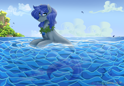 Size: 1771x1234 | Tagged: safe, artist:nekomellow, oc, oc only, bird, fish, seapony (g4), shark, art trade, blue eyes, blue mane, cloud, fish tail, jewelry, logo, necklace, ocean, seashell, seaweed, shell, sky, smiling, solo, tail, tree, water