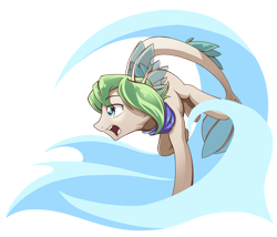 Size: 1280x1098 | Tagged: safe, artist:mutant-horsies, oc, oc only, merpony, blue eyes, chibi, commission, dorsal fin, fish tail, green mane, open mouth, simple background, solo, tail, teeth, transparent background, water, wave