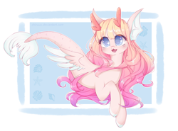 Size: 1424x1054 | Tagged: safe, artist:chimeeri, oc, oc only, seapony (g4), starfish, blue background, blue eyes, blushing, eyelashes, female, fins, fish tail, flowing mane, flowing tail, long hair, open mouth, seashell, shell, simple background, smiling, solo, tail, white background, wings