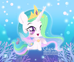 Size: 1866x1563 | Tagged: safe, artist:catseyeart, princess celestia, alicorn, pony, seapony (g4), g4, blushing, bubble, chibi, crown, dorsal fin, female, fin wings, fish tail, flowing mane, flowing tail, horn, jewelry, logo, looking at you, necklace, ocean, open mouth, purple eyes, regalia, seaponified, seapony celestia, smiling, solo, sparkles, species swap, tail, underwater, water, wings