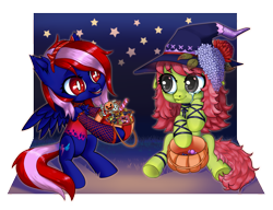Size: 2217x1700 | Tagged: safe, artist:purring_cat, oc, oc only, oc:shella swift, demon, earth pony, pegasus, pony, candy, chibi, clothes, commission, costume, crying, food, halloween, halloween costume, holiday, night, red eyes, sequins, witch, ych result