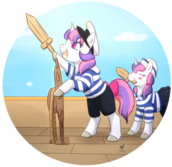 Size: 1024x996 | Tagged: safe, artist:foxhatart, oc, oc only, oc:penelope, oc:peridrop, pony, unicorn, clothes, female, filly, mare, mouth hold, not sweetie belle, sailor uniform, uniform, wooden sword