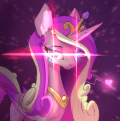 Size: 2008x2036 | Tagged: safe, alternate version, artist:xbi, princess cadance, alicorn, pony, g4, abstract background, concave belly, crown, eye beams, female, folded wings, glowing eyes, high res, jewelry, long mane, looking at you, mare, peytral, regalia, slender, solo, sternocleidomastoid, thin, wings