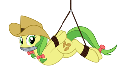 Size: 3930x2183 | Tagged: safe, artist:radiantrealm, edit, apple fritter, earth pony, pony, g4, apple family member, arm behind back, bondage, bound, bound and gagged, bow, cloth gag, cowboy hat, female, gag, hair bow, hat, high res, mare, over the nose gag, rope, rope bondage, simple background, solo, suspended, suspension bondage, tied up, transparent background, vector