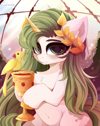 Size: 4000x5000 | Tagged: safe, artist:xsatanielx, oc, oc only, oc:golden flower, bird, pony, unicorn, rcf community, absurd resolution, belly button, commission, female, freckles, goblet, green mane, holy grail, laurel wreath, mare, ych result