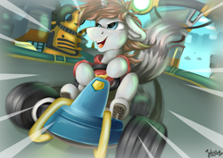 Size: 4093x2894 | Tagged: safe, artist:julunis14, oc, oc only, oc:speedy button, pony, unicorn, clothes, crash team racing, driving, hoodie, kart, solo