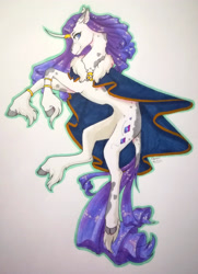 Size: 1920x2657 | Tagged: safe, artist:oneiria-fylakas, rarity, classical unicorn, pony, unicorn, g4, cloven hooves, curved horn, female, horn, horn jewelry, jewelry, leonine tail, looking at you, mantle, mare, simple background, solo, traditional art, unshorn fetlocks, watercolor painting, white background