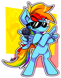 Size: 800x1024 | Tagged: safe, artist:thegreatrouge, rainbow dash, pegasus, pony, g4, bipedal, crossed arms, crossover, deal with it, female, friday night funkin', mare, microphone, solo, sunglasses, swag, wing hands, wing hold, wings