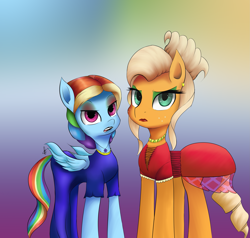 Size: 3059x2913 | Tagged: safe, artist:guatergau5, applejack, rainbow dash, earth pony, pegasus, pony, g4, alternate hairstyle, applejack also dresses in style, choker, clothes, dress, duo, eyeshadow, high res, jewelry, lipstick, makeup, necklace, rainbow dash always dresses in style, tomboy taming