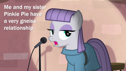 Size: 2000x1125 | Tagged: safe, edit, edited screencap, screencap, maud pie, earth pony, pony, g4, the maud couple, caption, clothes, comedy, female, frock coat, funny, geologist, geology, gneiss, image macro, implied pinkie pie, joke, mare, maud the comedian, microphone, open mouth, orthogneiss, paragneiss, pun, rock pun, satire, sedimentary rock, shadow, solo, spotlight, talking, text, wordplay