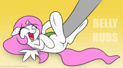 Size: 1200x674 | Tagged: safe, artist:banebuster, princess celestia, oc, oc:anon, alicorn, human, pony, series:tiny tia, g4, animated, bellyrubs, cewestia, cute, cutelestia, daaaaaaaaaaaw, female, filly, gif, giggling, hand, happy, human on pony petting, laughing, lying down, on back, petting, pink-mane celestia, simple background, tickling, weapons-grade cute, younger