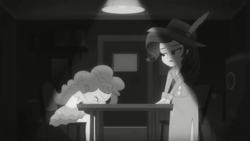 Size: 1366x768 | Tagged: safe, screencap, pinkie pie, rarity, equestria girls, equestria girls series, g4, rarity investigates: the case of the bedazzled boot, detective rarity, geode of sugar bombs, grayscale, magical geodes, monochrome, rarity investigates (eqg): pinkie pie