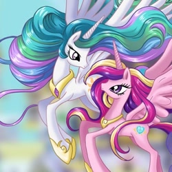 Size: 462x462 | Tagged: safe, artist:chargoz, princess cadance, princess celestia, alicorn, pony, g4, duo, eyelashes, female, flying, horn, looking back, mare, outdoors, peytral, wings