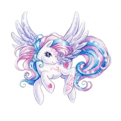 Size: 1080x1080 | Tagged: safe, artist:chargoz, star catcher, pegasus, pony, g3, eyelashes, female, flying, mare, simple background, solo, spread wings, tattoo, white background, wings