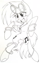 Size: 2062x3274 | Tagged: safe, artist:juliet-gwolf18, dj pon-3, vinyl scratch, pony, unicorn, g4, bipedal, both cutie marks, featureless crotch, female, glowstick, grin, high res, horn, jewelry, lineart, mare, monochrome, necklace, signature, simple background, smiling, solo, sunglasses, traditional art, underhoof, white background