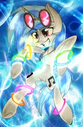 Size: 1340x2048 | Tagged: safe, alternate version, artist:juliet-gwolf18, dj pon-3, vinyl scratch, pony, unicorn, g4, abstract background, bipedal, both cutie marks, colored, featureless crotch, female, glowstick, grin, horn, jewelry, mare, necklace, signature, smiling, solo, sunglasses, traditional art, underhoof