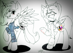 Size: 2048x1472 | Tagged: safe, artist:juliet-gwolf18, oc, oc only, oc:juliet, oc:sketchy, alicorn, pony, :p, alicorn oc, blushing, choker, clothes, duo, eyelashes, female, grin, hoodie, horn, mare, partial color, raised hoof, signature, smiling, tattoo, tongue out, traditional art, underhoof, wings, yin-yang