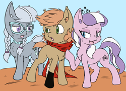 Size: 1820x1316 | Tagged: safe, artist:steelsoul, edit, diamond tiara, silver spoon, oc, oc:himmel, pony, g4, blushing, canon x oc, clothes, confused, flirting, glasses, looking at each other, scarf