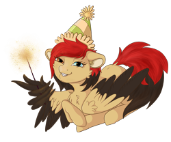 Size: 2400x2000 | Tagged: safe, artist:drops-of-blood, oc, oc only, oc:lia shaikan, oc:lya the shaikan, pegasus, pony, fireworks, hat, high res, looking at you, party hat, simple background, smiling, smiling at you, solo, sparkler (firework), transparent background, wing hands, wings